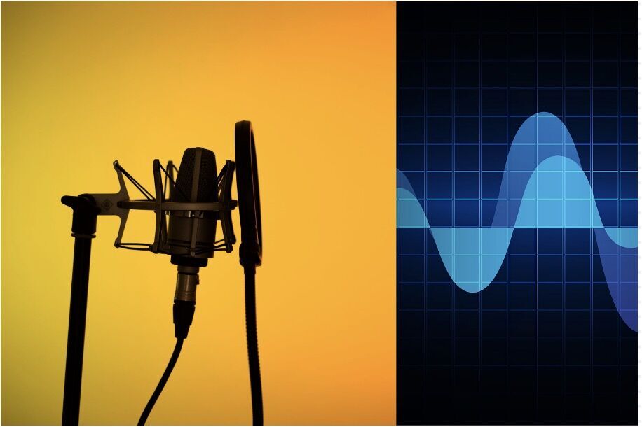 Un micro d'enregistrement de voix et l'onde sonore stylis&eacute;e